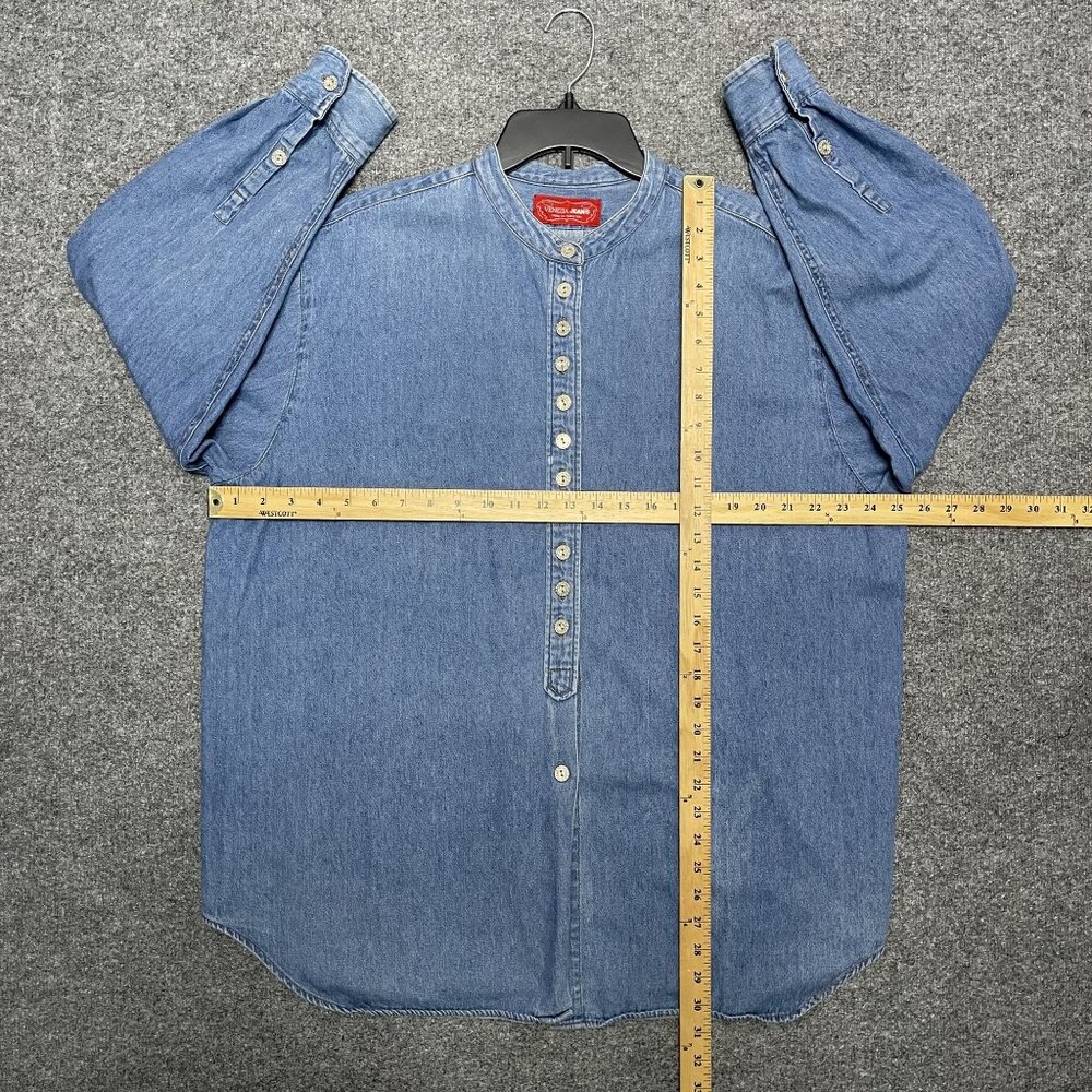 Vintage Venezia Denim Shirt L Blue Band Collar Silver Buttons Relaxed Fit - Picture 7 of 8